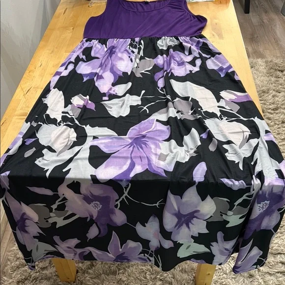 HAWAIIAN FLORAL SUNDRESS DRESS PLUS 2X PURPLE BLACK WHITE SCOOP-NECK STRETCH - Picture 5 of 11